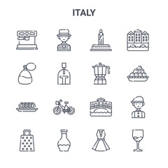 set of 16 italy concept vector line icons. 64x64 thin stroke icons such as gondolier, perfume, olive, rialto bridge, glass, wine, dress, coffee pot, venice - obrazy, fototapety, plakaty