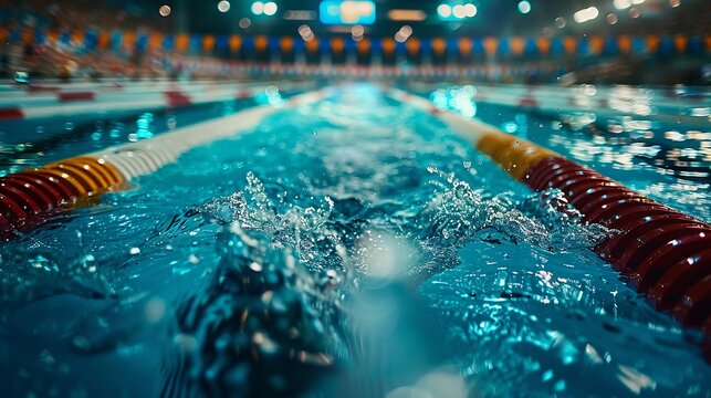 An Olympic-size pool bustling with swimmers, dynamic water textures, vivid lane markers