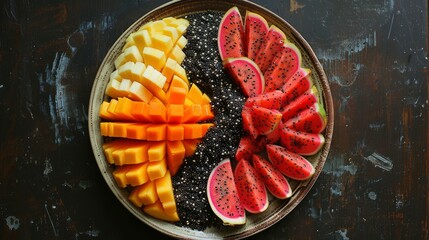 Colorful Fresh Fruit Platter with Mango and Dragon Fruit on Rustic Wooden Table