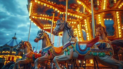 Fototapeta na wymiar Vintage carousel with ornate horses painted in classic colors, set against an evening sky