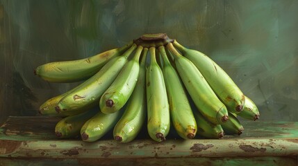 Fresh Whole Green Bananas on Rustic Wooden Background