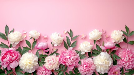 beautiful pink and white blooming peonies with green leaves on a pink background with copy space.
