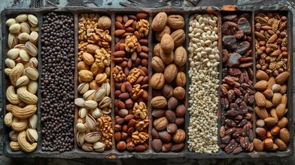 Naklejka premium Assorted Nuts and Seeds Variety Displayed in Neat Rows on Rustic Surface