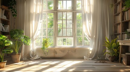 Bright vintage study with open windows, crisp linen curtains fluttering in the breeze - obrazy, fototapety, plakaty