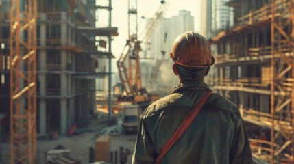 Obraz premium Worker in hard hat observes the construction site. Tower crane at the background. Men at work. AI Generated
