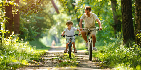 Father's Day with dad riding bike with his son in the park on a sunny afternoon - obrazy, fototapety, plakaty