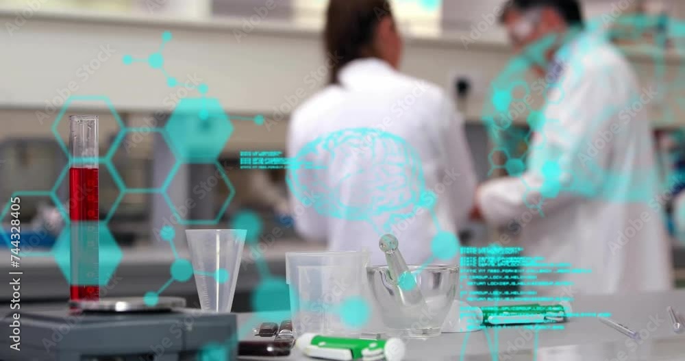 Aufkleber animation of scientific data processing over diverse scientists in laboratory