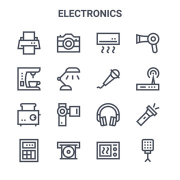 set of 16 electronics concept vector line icons. 64x64 thin stroke icons such as photo camera, coffee maker, modem, headphone, cd player, light, microwave, microphone, hairdryer