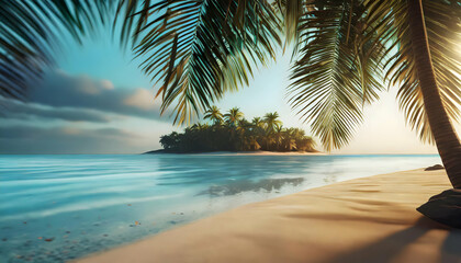 Sunny Tropical Beach With Palm Leaves And Paradise Island, shallow pond, dark blue on digital art concept.