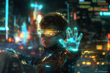 Fototapeta premium Close up portrait of futuristic kid with virtual reality goggles