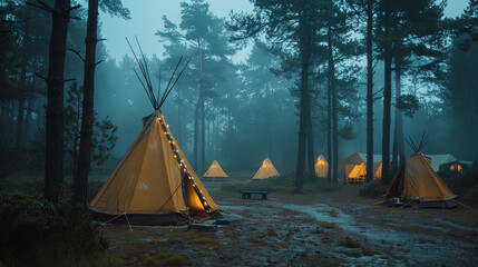 Camping site with teepee, tents and morning mist in forest