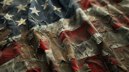 Old worn US flag falling to pieces. Tattered American symbol breaking into parts. AI Generated 