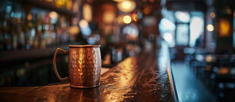Vintage copper mug resting on a stylish bar counter in an upscale cocktail lounge