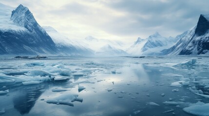Fototapeta na wymiar majestic frozen glacier with blue icy rocks in valley under gloomy sky
