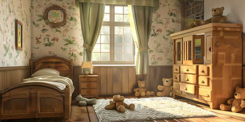 Obraz na płótnie Canvas Bedroom interior 3d illustration Vintage style Interior design Cozy blue kid bedroom with toy and fun decoration Cozy children's room with furniture bedroom Spacious and safe children's room.