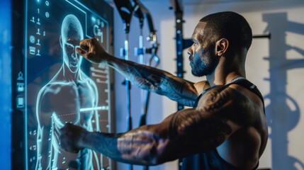 A man using a resistance machine while a virtual trainer projected onto a screen helps him maintain proper form and adjust the weight based on his progress.