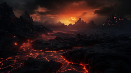 fantasy landscape with hot lava and dark sky background