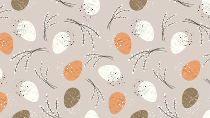 Horizontal Background with Easter Eggs on Beige Background. Happy Easter, Seamless Pattern for Designing Cards, Banners, Textiles. Vector