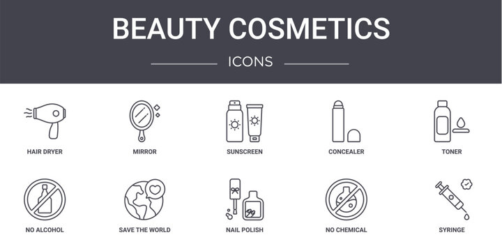 beauty cosmetics concept line icons set. contains icons usable for web, logo, ui/ux such as mirror, concealer, no alcohol, nail polish, no chemical, syringe, toner, sunscreen