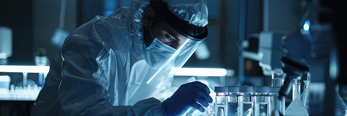 Lab technician testing vials of fluids in a medical cleanroom - obrazy, fototapety, plakaty