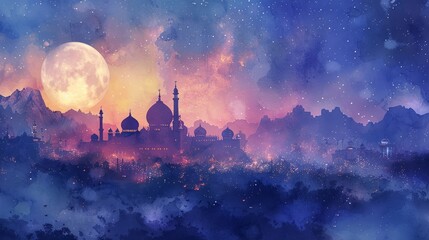 Eid Mubarak with serene moonlit mosque in watercolor - obrazy, fototapety, plakaty