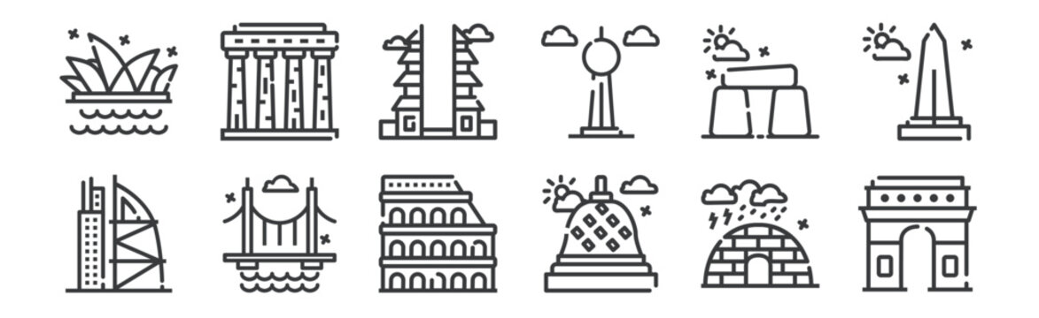 12 set of linear world monument icons. thin outline icons such as arc de triomphe, borobudur, bridge, stonehenge, pura, athens for web, mobile.