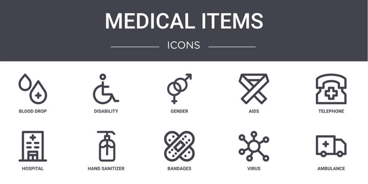 medical items concept line icons set. contains icons usable for web, logo, ui/ux such as disability, aids, hospital, bandages, virus, ambulance, telephone, gender