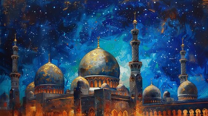 Fototapeta premium Mosque dome under starry Eid night sky in acrylic paint