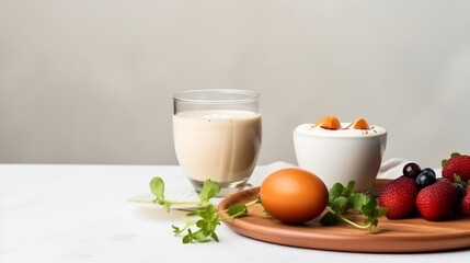 Delicious boiled egg with fruit and coffee