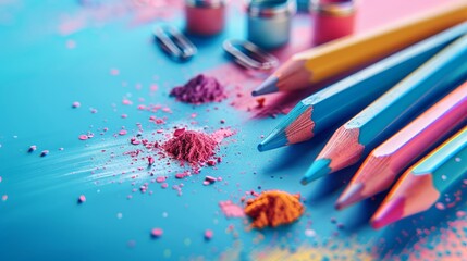 Playful array of artistic school tools scattered on a pastel surface, bright and airy atmosphere - obrazy, fototapety, plakaty