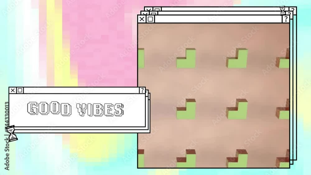 Aufkleber animation of good vibes text and computer screens over neon pattern background