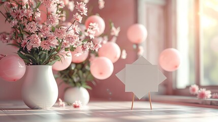 Bright and joyful Mother's Day celebration with pastel balloons and a heartfelt note, sunny day