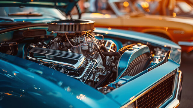 Classic muscle car engine with chrome details at a vintage car show under warm afternoon light