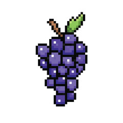 Obraz premium Purple grape fruit with leaf. Pixel bit retro game styled vector illustration drawing. Simple flat healthy fruits cartoon art isolated on square background.