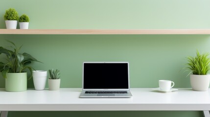 minimalist laptop on desk in modern green office