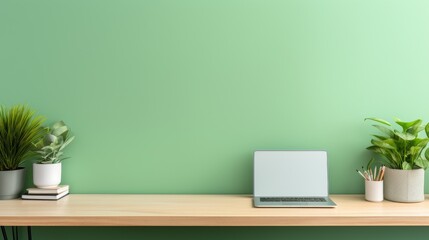minimalist laptop on desk in modern green office