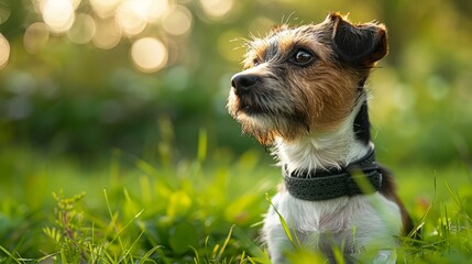 Calm Jack Russell Terrier with a black safety muzzle in a verdant meadow