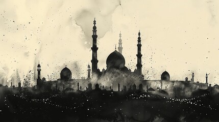 Hand drawn mosque silhouette with Eid stars in ink style