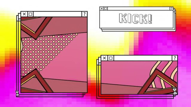 Animation of kick text and computer screens over neon pattern background