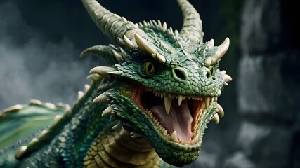 Obraz premium A green dragon with a white mane and horns is depicted on a green background, possibly a painting or an illustration. The dragon's mouth is open, showing its teeth, and it appears to be looking at the