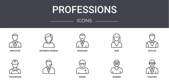 professions concept line icons set. contains icons usable for web, logo, ui/ux such as business woman, nun, technician, nurse, robber, teacher, butler, manager