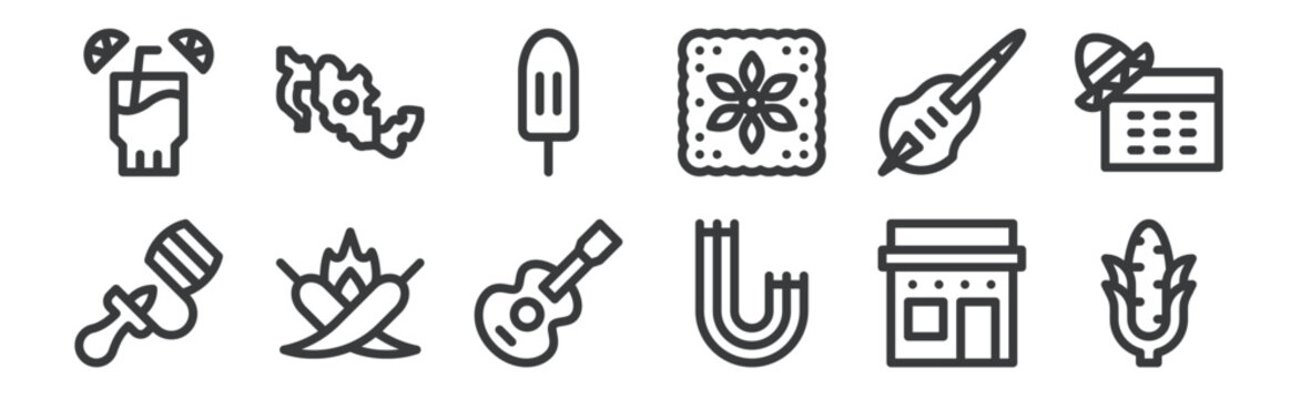 12 set of linear cinco de mayo icons. thin outline icons such as corn, churros, chili pepper, toloche, popsicle, mexico for web, mobile.