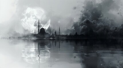 Eid Mubarak reflection on calm water with moon in charcoal sketch