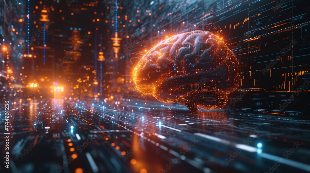 Poster an abstract representation of the future of financial forecasting with a digital brain blending with