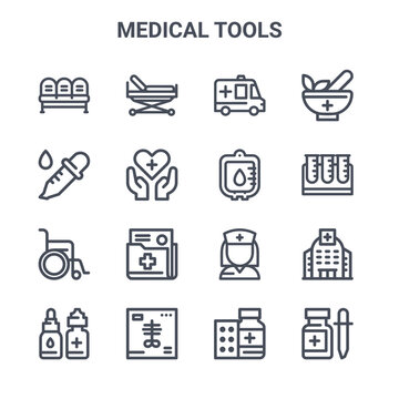 set of 16 medical tools concept vector line icons. 64x64 thin stroke icons such as stretcher, dropper, test tube, nurse, x ray, drop medicine, medicine drug, blood transfusion, mortar