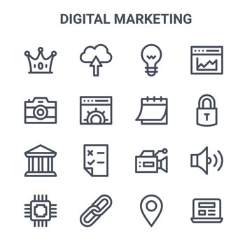 set of 16 digital marketing concept vector line icons. 64x64 thin stroke icons such as upload, camera, lock, video camera, link, laptop, location, calendar, analytics