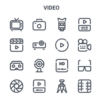 set of 16 video concept vector line icons. 64x64 thin stroke icons such as camera, video, video camera, high definition, player, film, tripod, play button, editing