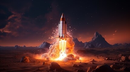 Rocket spaceship taking off with burning flames