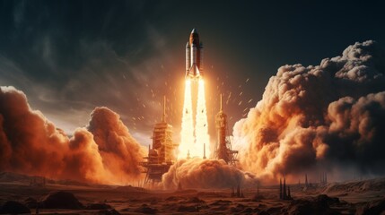 Rocket spaceship taking off with burning flames