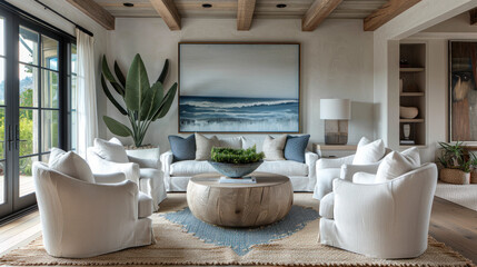 beautiful small space casual living family room soft neutral wood beams and a gorgeous grouping of swivel color fabric chairs around a striking coffee table coastal design nature freshness